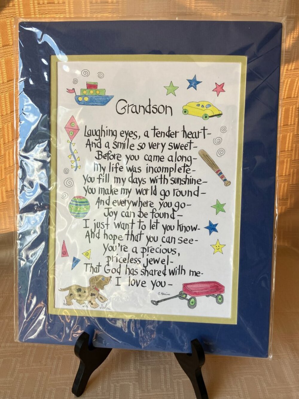 80s C. Blaine "Grandson" Double Matted Watercolor Calligraphy Print Poem 14”x11”